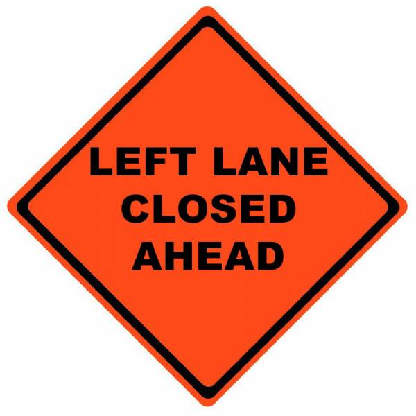 Left Lane Closed Roll-up Sign w/ Vinyl Pockets